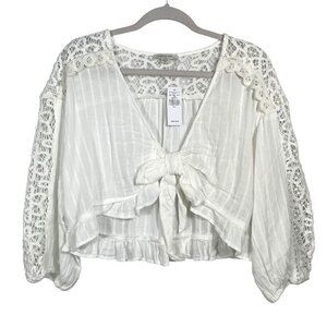 American Eagle White Cotton Lace Front Tie Ruffle Crop Top Size L 3/4 Sleeve